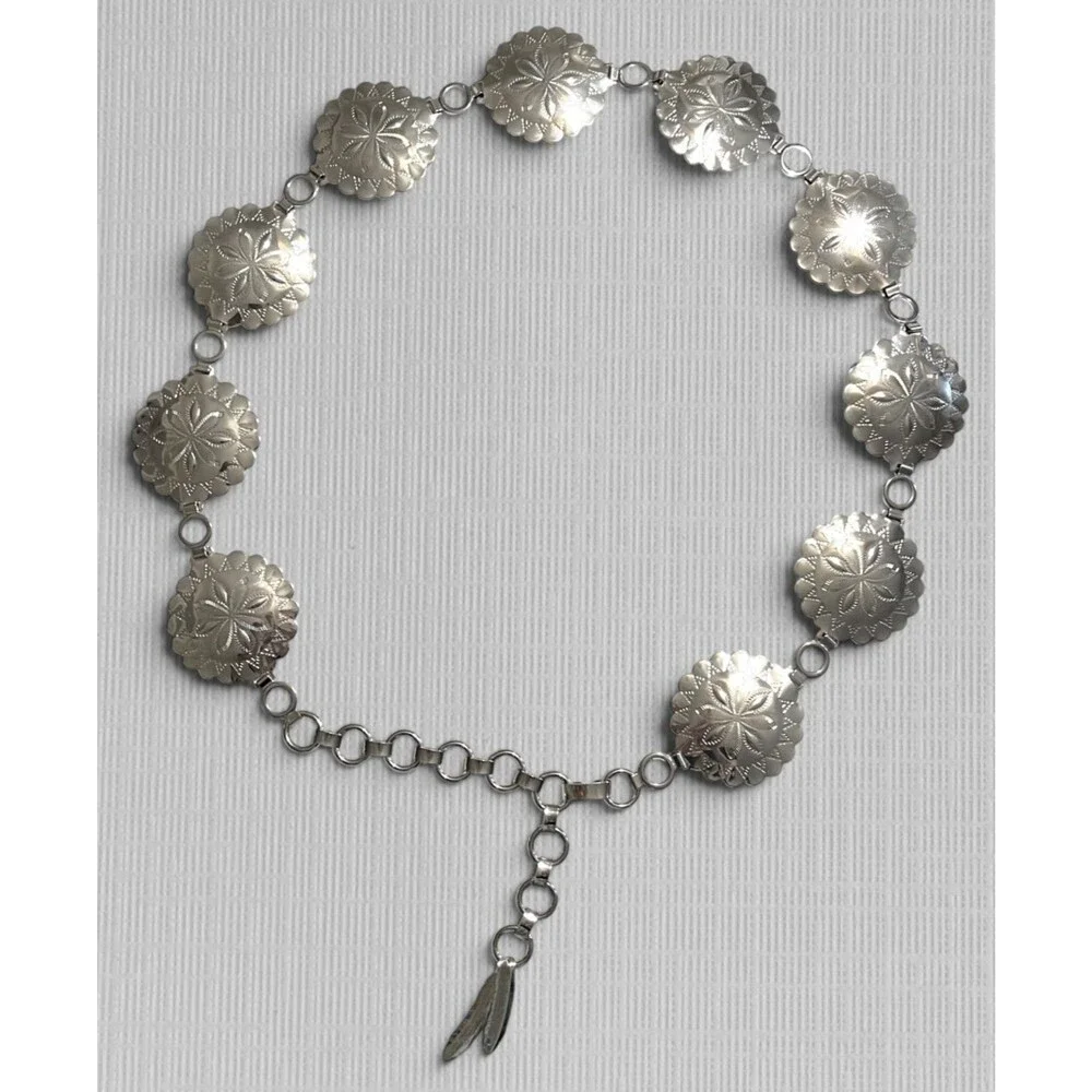 Concho Belt Women Silver Tone Linked Medallions Feather Charm Western Hip Waist